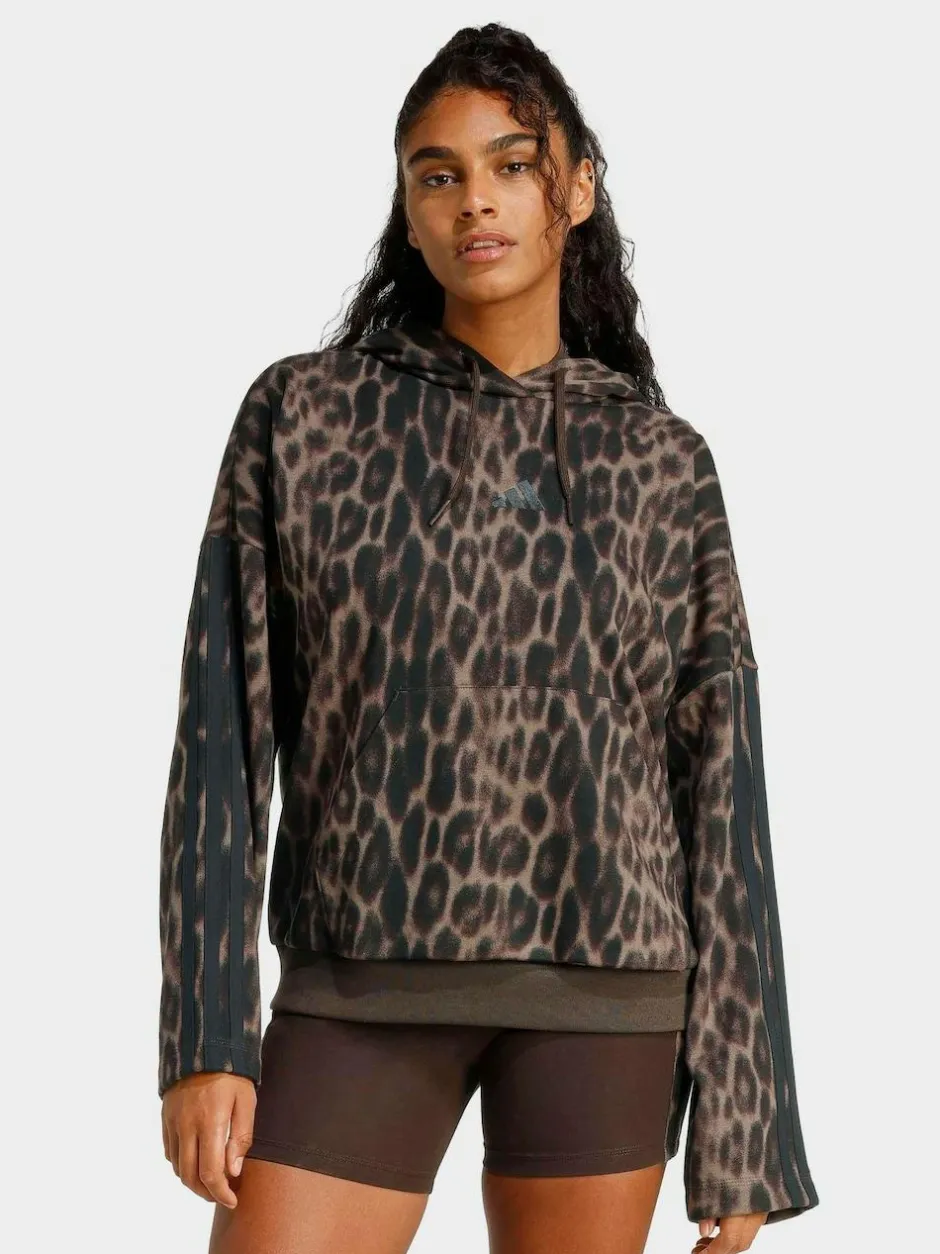adidas Animal Seasonal Essentials Leopard Print French Terry Hoodie With 3-Stripes New