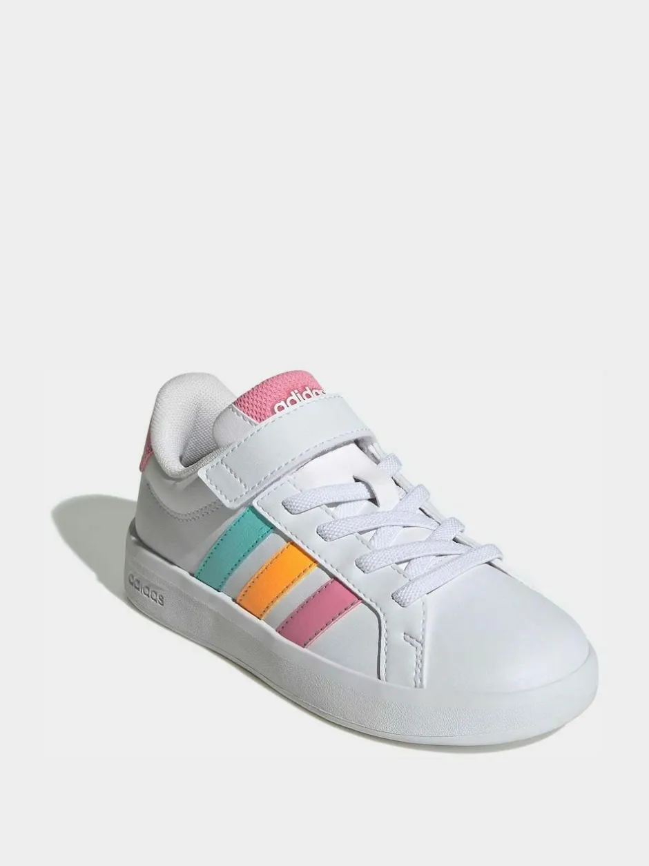 adidas White/Multi Grand Court 3.0 Elastic Lace Kids Trainers Outlet