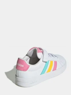 adidas White/Multi Grand Court 3.0 Elastic Lace Kids Trainers Outlet