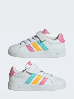 adidas White/Multi Grand Court 3.0 Elastic Lace Kids Trainers Outlet