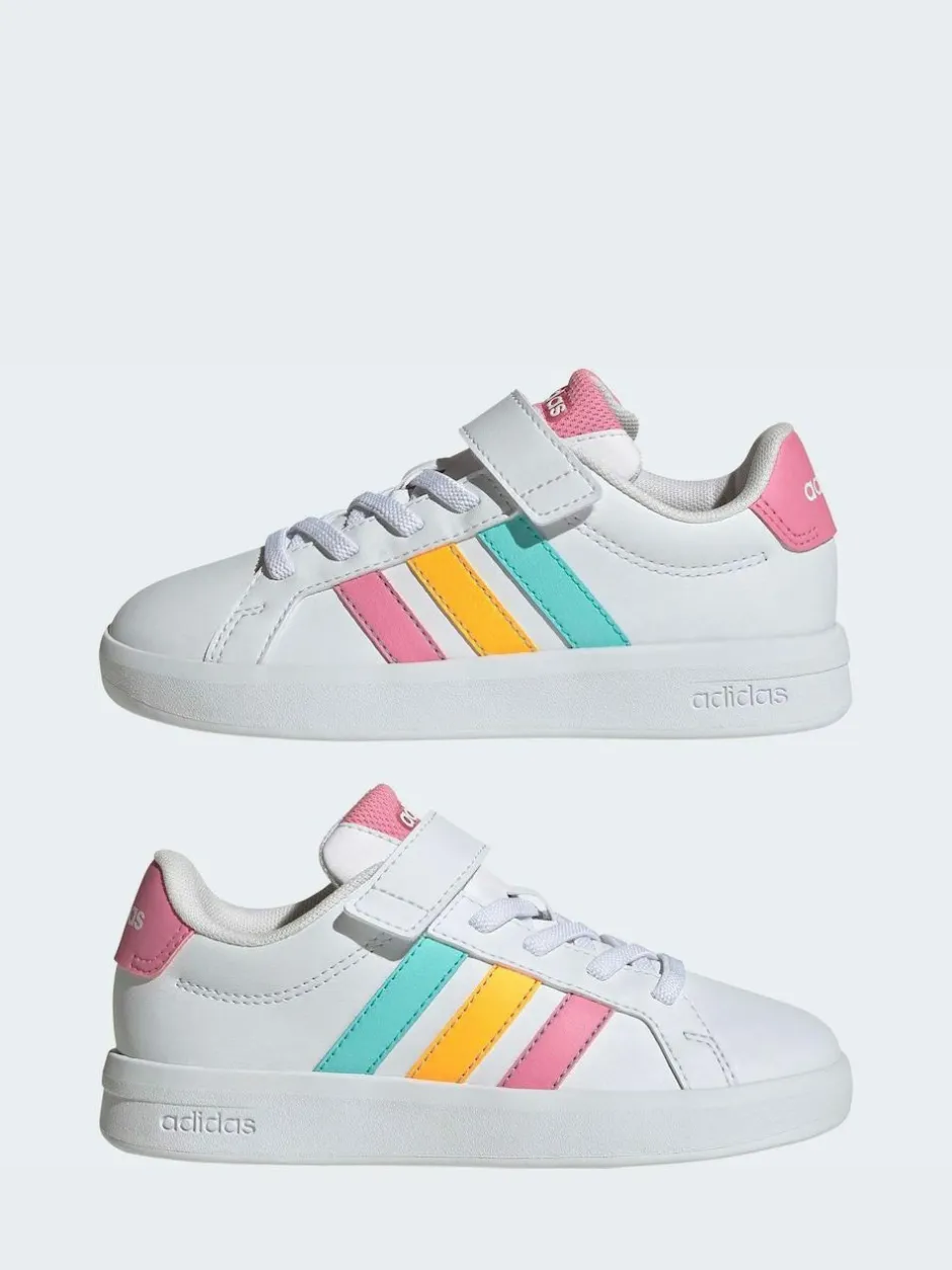 adidas White/Multi Grand Court 3.0 Elastic Lace Kids Trainers Outlet