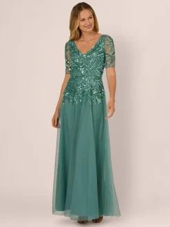 Adrianna Papell Green Studio Beaded Mesh Long Dress New