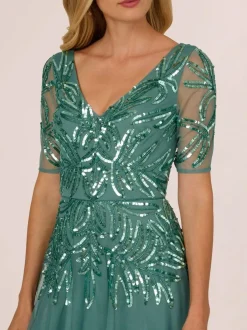 Adrianna Papell Green Studio Beaded Mesh Long Dress New