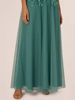 Adrianna Papell Green Studio Beaded Mesh Long Dress New