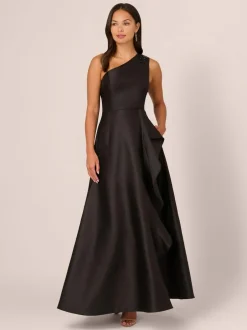 Adrianna Papell Studio One Shoulder Mikado Black Gown Hot