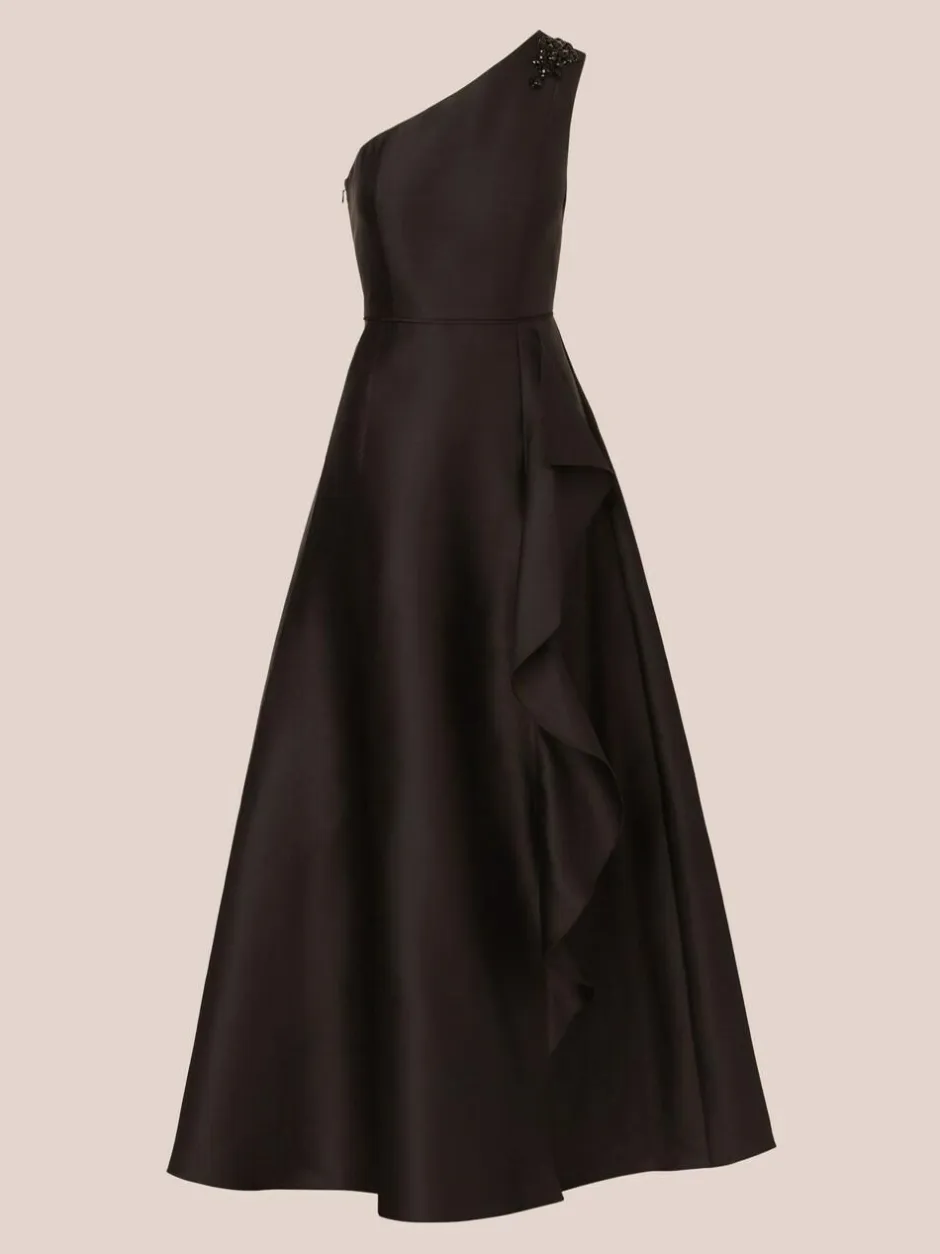 Adrianna Papell Studio One Shoulder Mikado Black Gown Hot