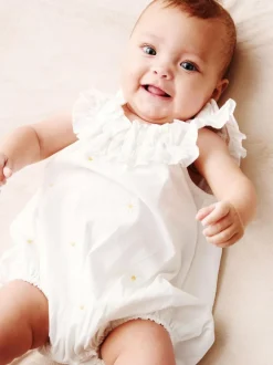 Angel & Rocket White Mila Daisy Embroidered Frill Rompersuits