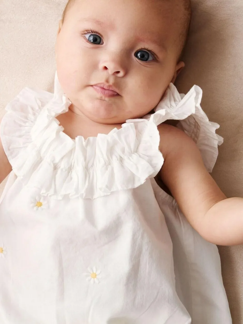Angel & Rocket White Mila Daisy Embroidered Frill Rompersuits