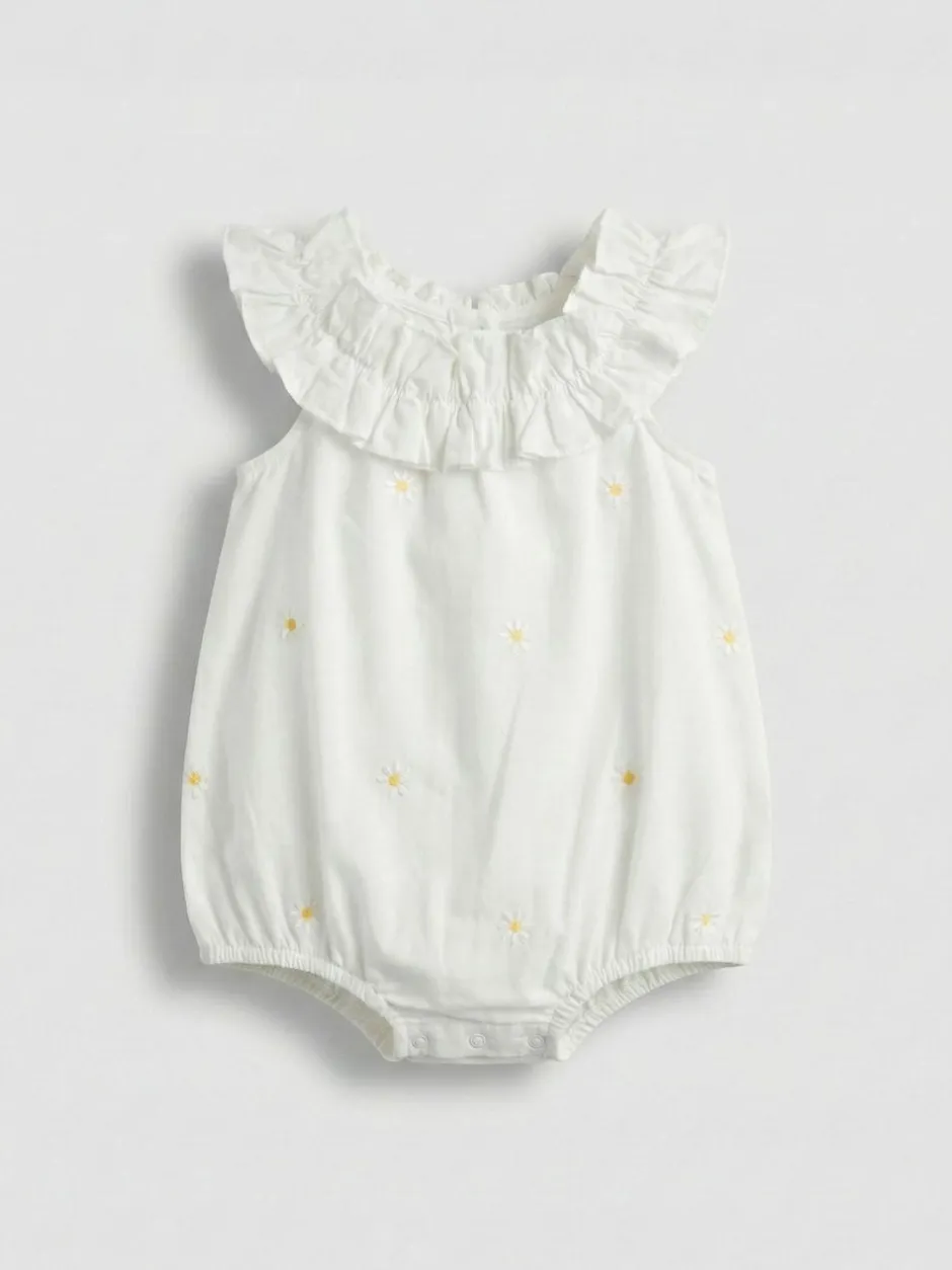 Angel & Rocket White Mila Daisy Embroidered Frill Rompersuits
