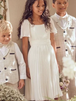 Angel & Rocket Pleated Ballerina Occasion Bow Dress White New