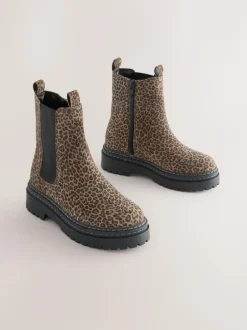 Next Standard Fit (F) Leather Chunky Chelsea Boots Animal Leopard Print Discount