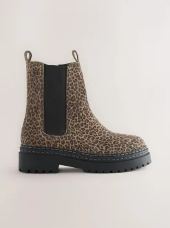 Next Standard Fit (F) Leather Chunky Chelsea Boots Animal Leopard Print Discount