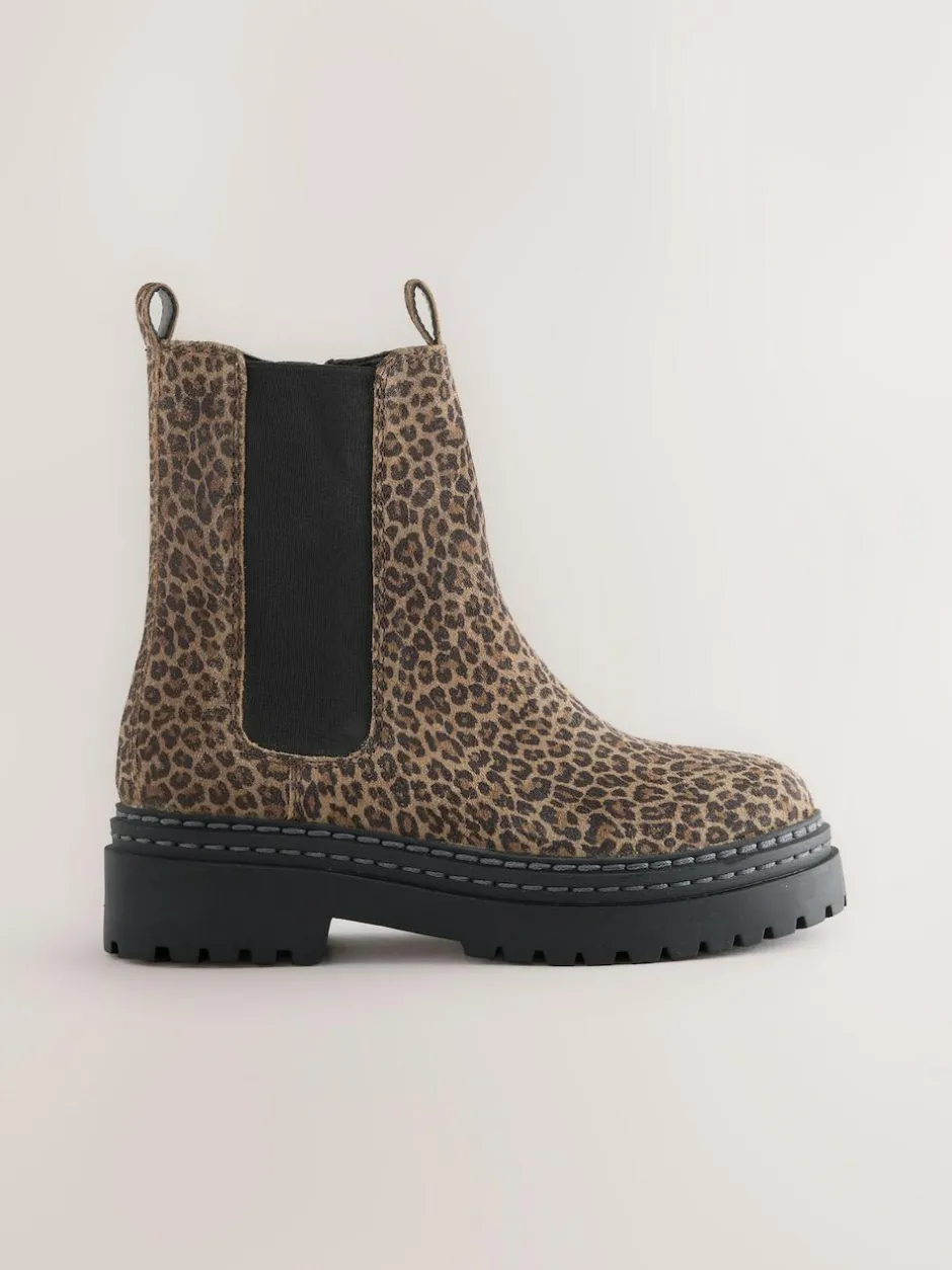 Next Standard Fit (F) Leather Chunky Chelsea Boots Animal Leopard Print Discount