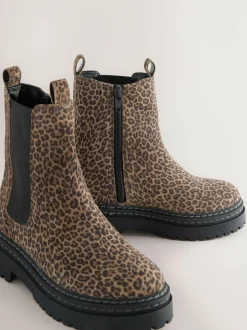 Next Standard Fit (F) Leather Chunky Chelsea Boots Animal Leopard Print Discount
