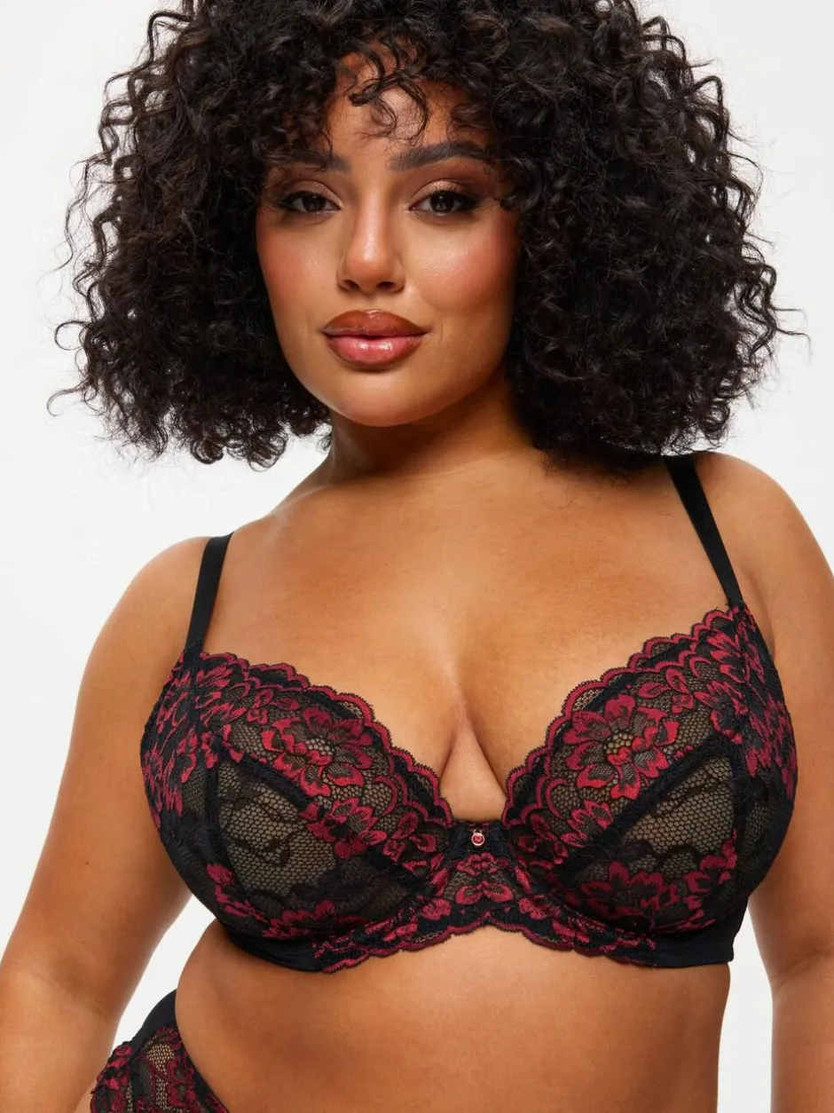 Ann Summers Black/Red DD+ Non Pad Plunge Sexy Lace Bra Discount