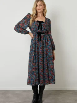 Another Sunday Bow Detail Milkmaid Midi Dress Black Discount