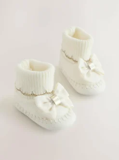 Baker by Ted Baker Baby Girls Scallop Edge Knitted Padders Booties with Bow Cream