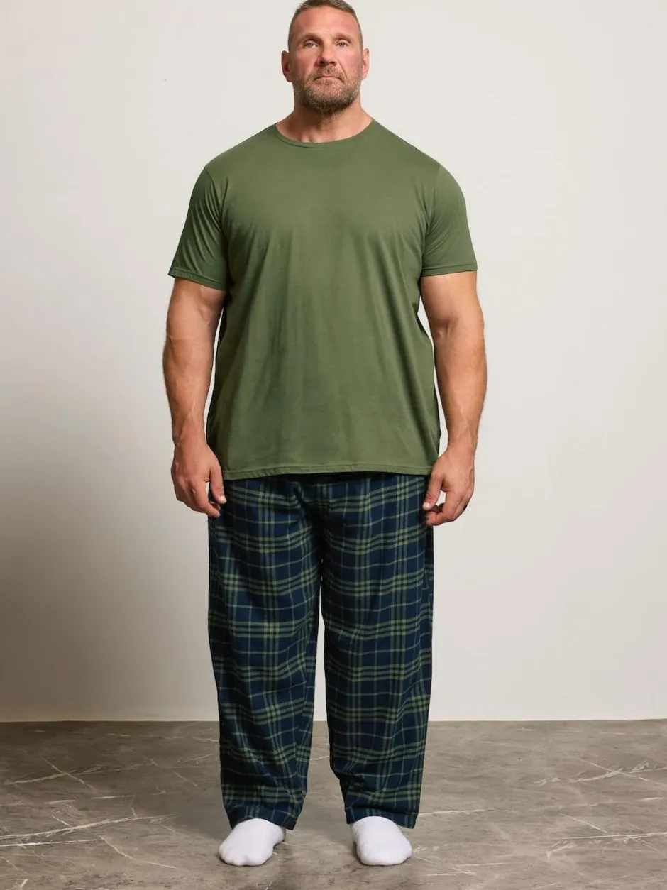 BadRhino Big & Tall Checked T-Shirt amd Pyjama Bottoms Set Green Clearance