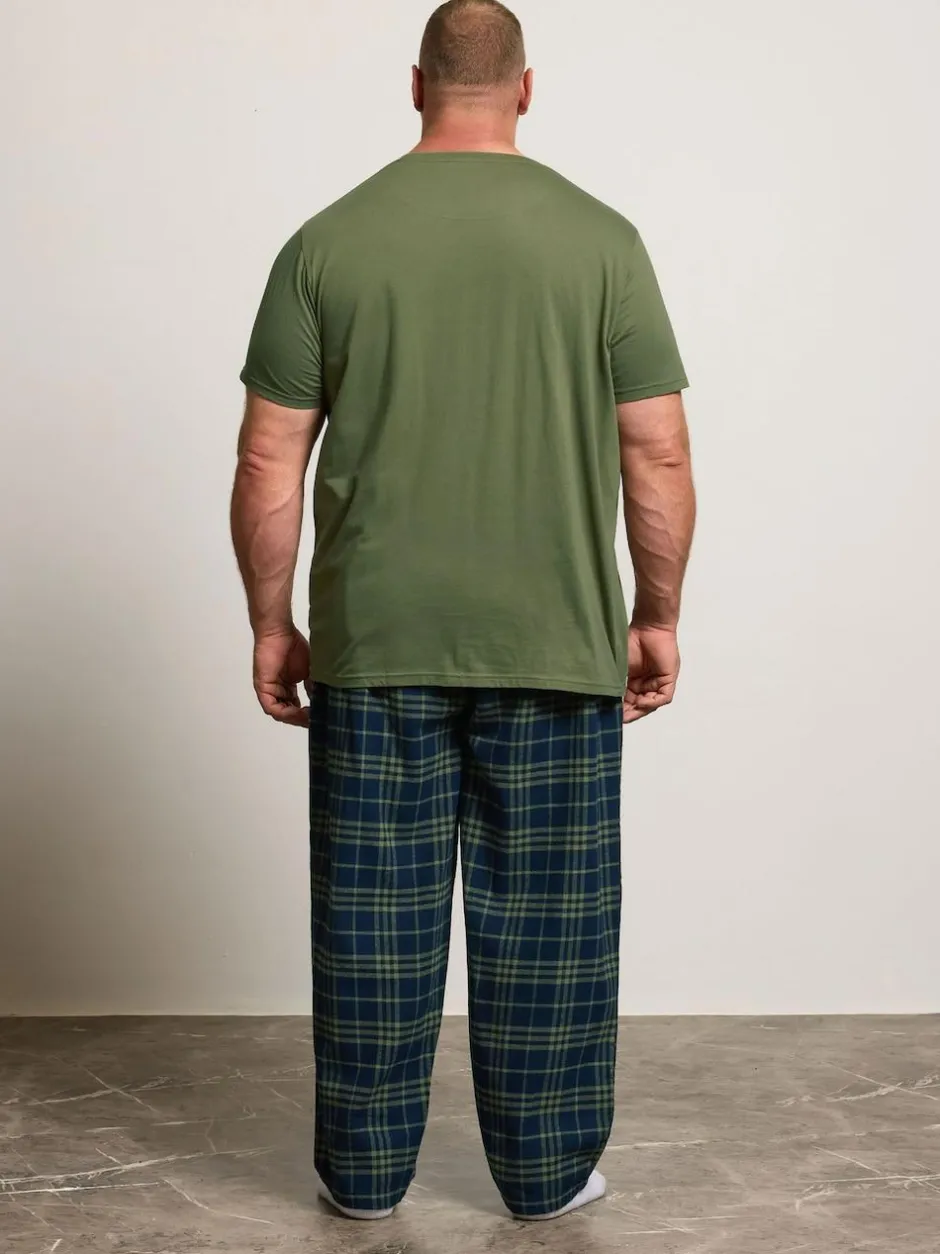 BadRhino Big & Tall Checked T-Shirt amd Pyjama Bottoms Set Green Clearance