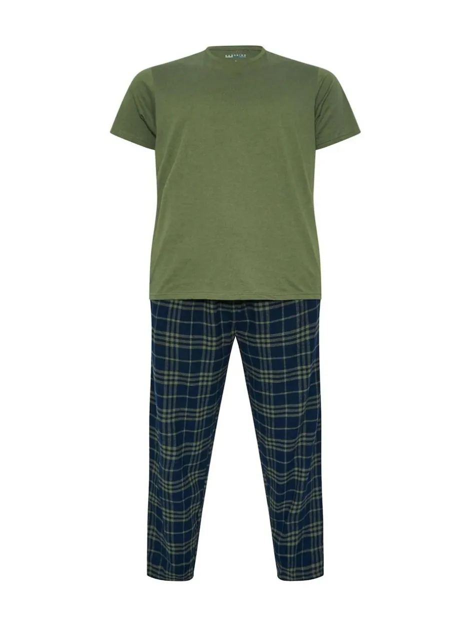 BadRhino Big & Tall Checked T-Shirt amd Pyjama Bottoms Set Green Clearance