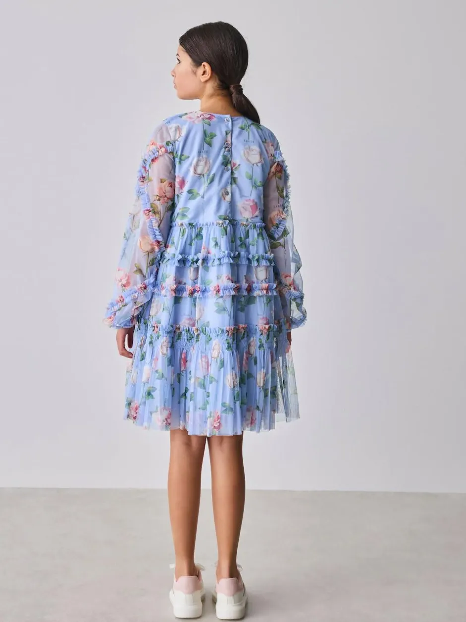Baker by Ted Baker Blue Floral Mesh Ruffle Dress Discount