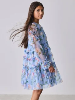 Baker by Ted Baker Blue Floral Mesh Ruffle Dress Discount