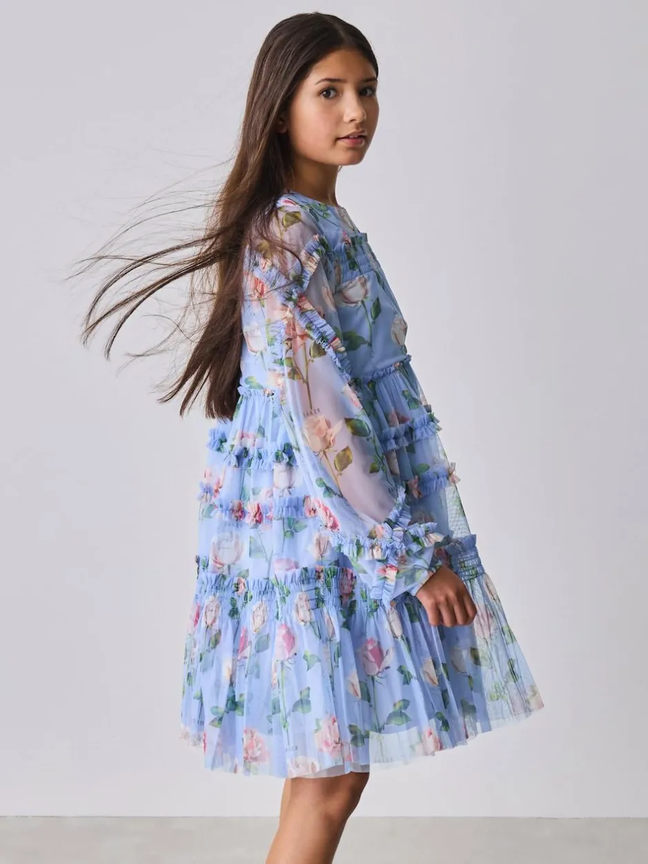 Baker by Ted Baker Blue Floral Mesh Ruffle Dress Discount