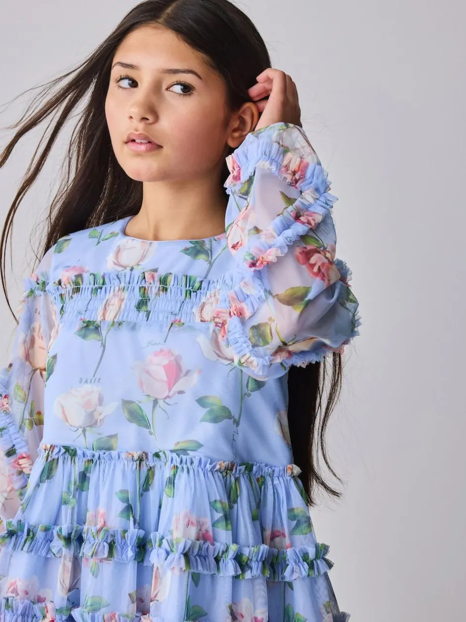 Baker by Ted Baker Blue Floral Mesh Ruffle Dress Discount