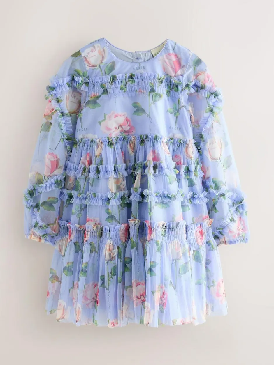 Baker by Ted Baker Blue Floral Mesh Ruffle Dress Discount