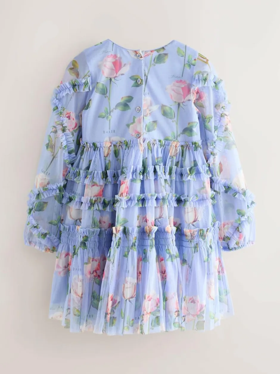 Baker by Ted Baker Blue Floral Mesh Ruffle Dress Discount