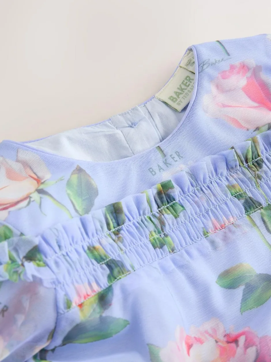 Baker by Ted Baker Blue Floral Mesh Ruffle Dress Discount