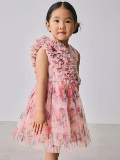 Baker by Ted Baker Crinkle Mesh 3D Ruffle Shoulder Occasion Dress Hot