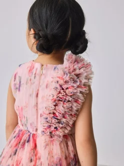 Baker by Ted Baker Crinkle Mesh 3D Ruffle Shoulder Occasion Dress Hot