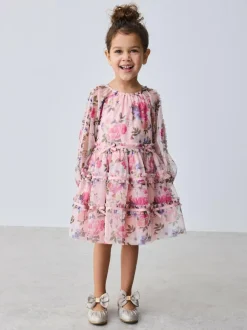 Baker by Ted Baker Floral Mesh Long Sleeve Bow Dress Outlet