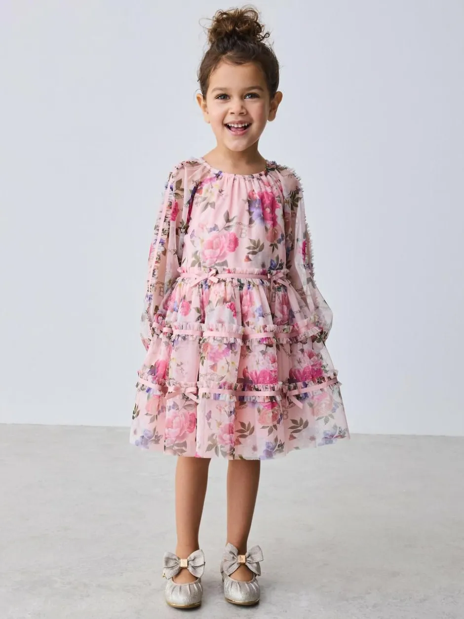 Baker by Ted Baker Floral Mesh Long Sleeve Bow Dress Outlet