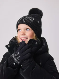 Baker by Ted Baker Girls Knitted Diamanté Bow Pom Hat and Gloves Set Black New