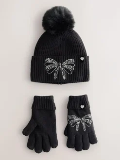 Baker by Ted Baker Girls Knitted Diamanté Bow Pom Hat and Gloves Set Black New