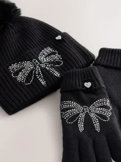 Baker by Ted Baker Girls Knitted Diamanté Bow Pom Hat and Gloves Set Black New