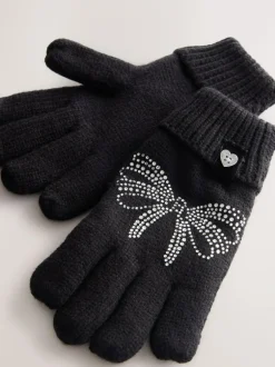 Baker by Ted Baker Girls Knitted Diamanté Bow Pom Hat and Gloves Set Black New