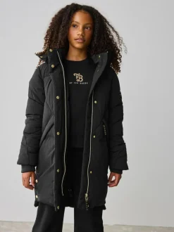Baker by Ted Baker Girls Shower Resistant Longline Padded Coat Black Clearance