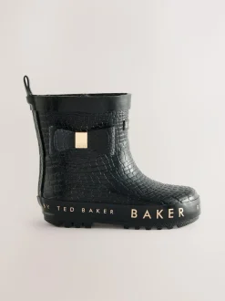 Baker by Ted Baker Girls Faux Fur Lined Welly Boots with Bow Black Outlet