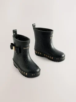 Baker by Ted Baker Girls Faux Fur Lined Welly Boots with Bow Black Outlet