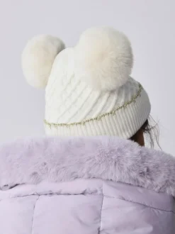 Baker by Ted Baker Girls Double Pom Eared Hat and Mittens Set Cream Online