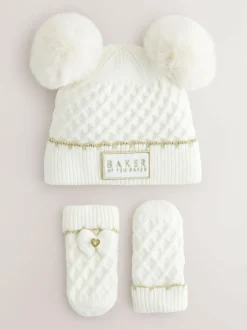 Baker by Ted Baker Girls Double Pom Eared Hat and Mittens Set Cream Online