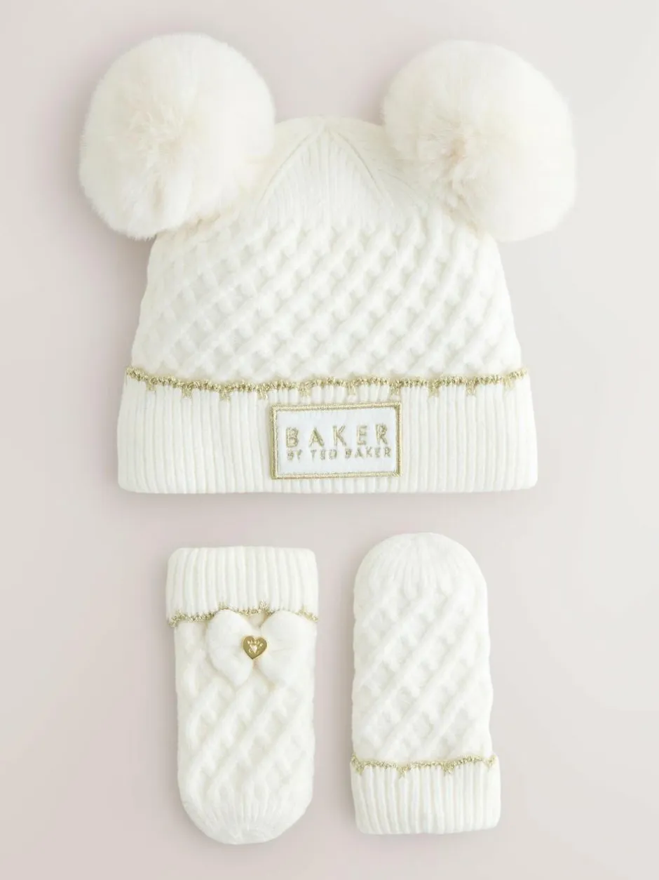 Baker by Ted Baker Girls Double Pom Eared Hat and Mittens Set Cream Online