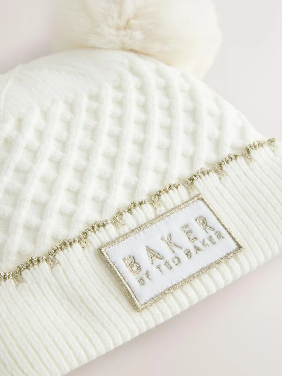 Baker by Ted Baker Girls Double Pom Eared Hat and Mittens Set Cream Online