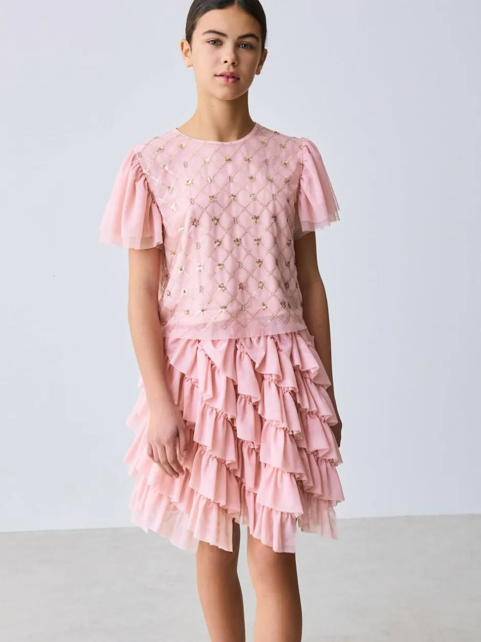 Baker by Ted Baker Pink 2 Piece Sequin Mesh Top & Ruffle Tier Skirt Set Outlet