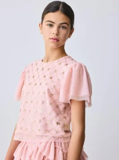 Baker by Ted Baker Pink 2 Piece Sequin Mesh Top & Ruffle Tier Skirt Set Outlet