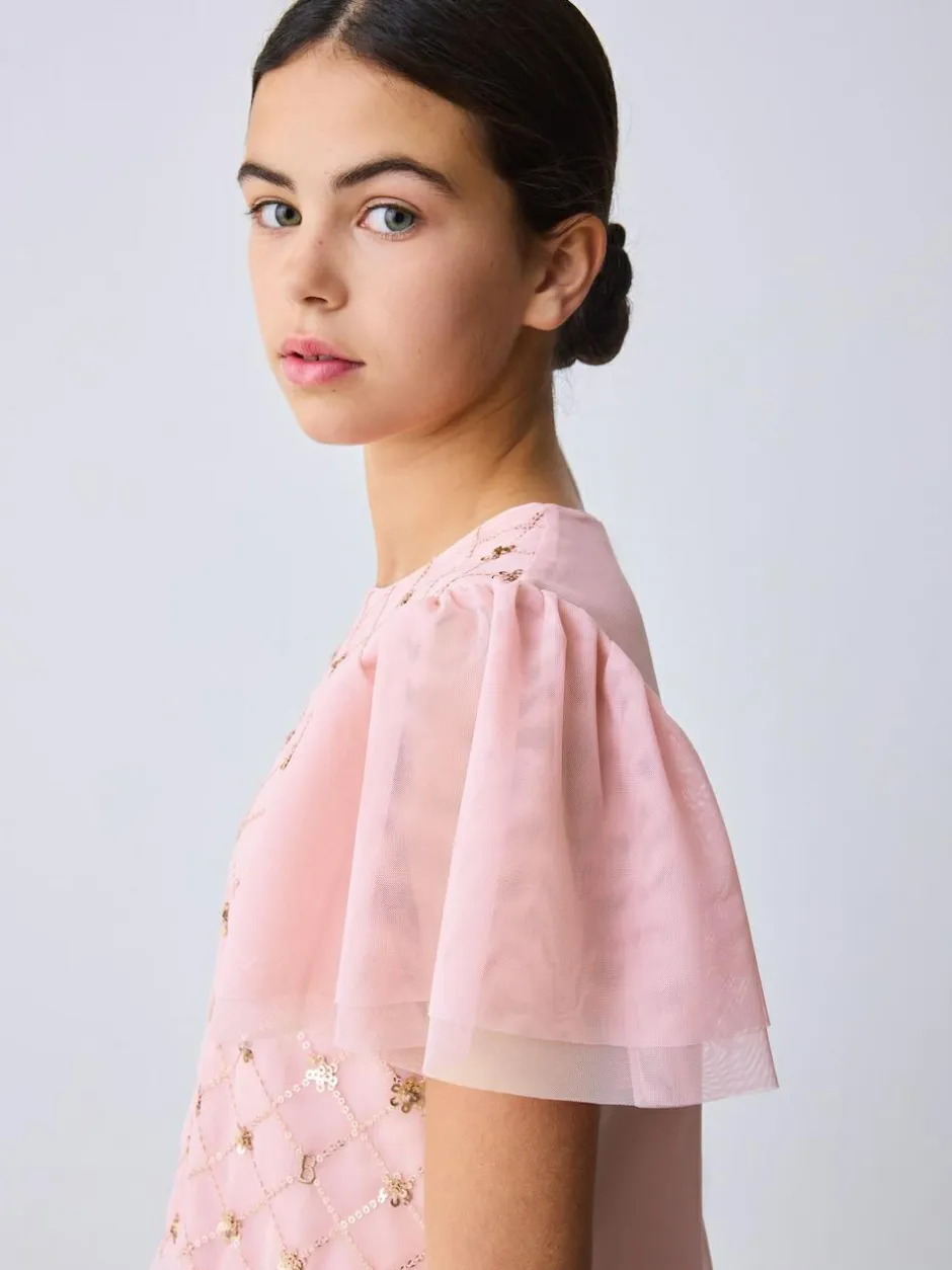 Baker by Ted Baker Pink 2 Piece Sequin Mesh Top & Ruffle Tier Skirt Set Outlet