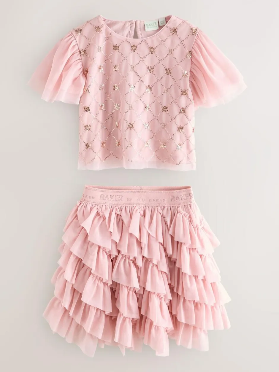 Baker by Ted Baker Pink 2 Piece Sequin Mesh Top & Ruffle Tier Skirt Set Outlet